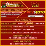 Prediksi Togel 4D Online Toto Macau P2 Kamis 2 November 2023