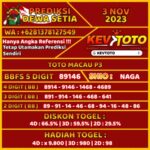 Prediksi Togel 4D Online Toto Macau P3 Jumat 3 November 2023